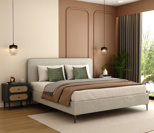 Andreas Premium King-Size Fabric Bed – Light Grey Upholstery & Curved Headboard | Pakistan