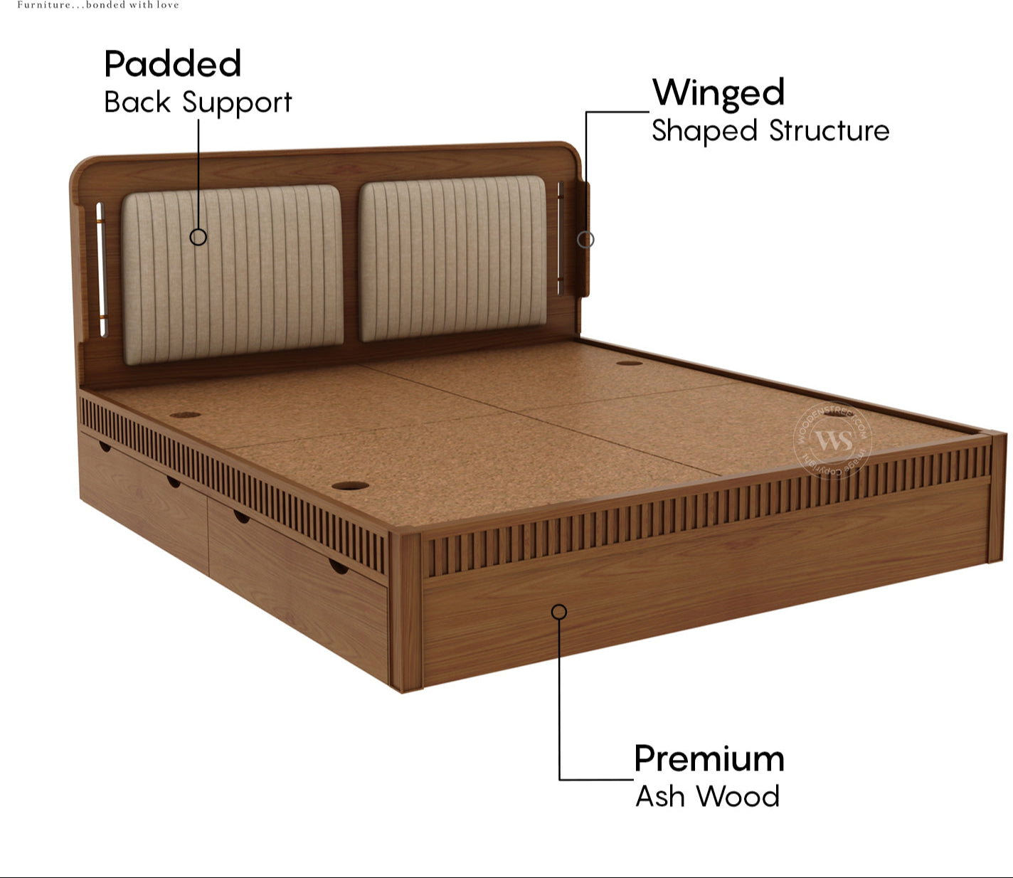 Lotus Ash Wood King Bed – Natural Finish with Smart Drawer Storage