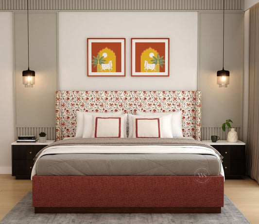 Luxury King-Size Kesarth Luxe Fabric Bed – High-Rise Headboard, Storage, Red Upholstery – Pakistan