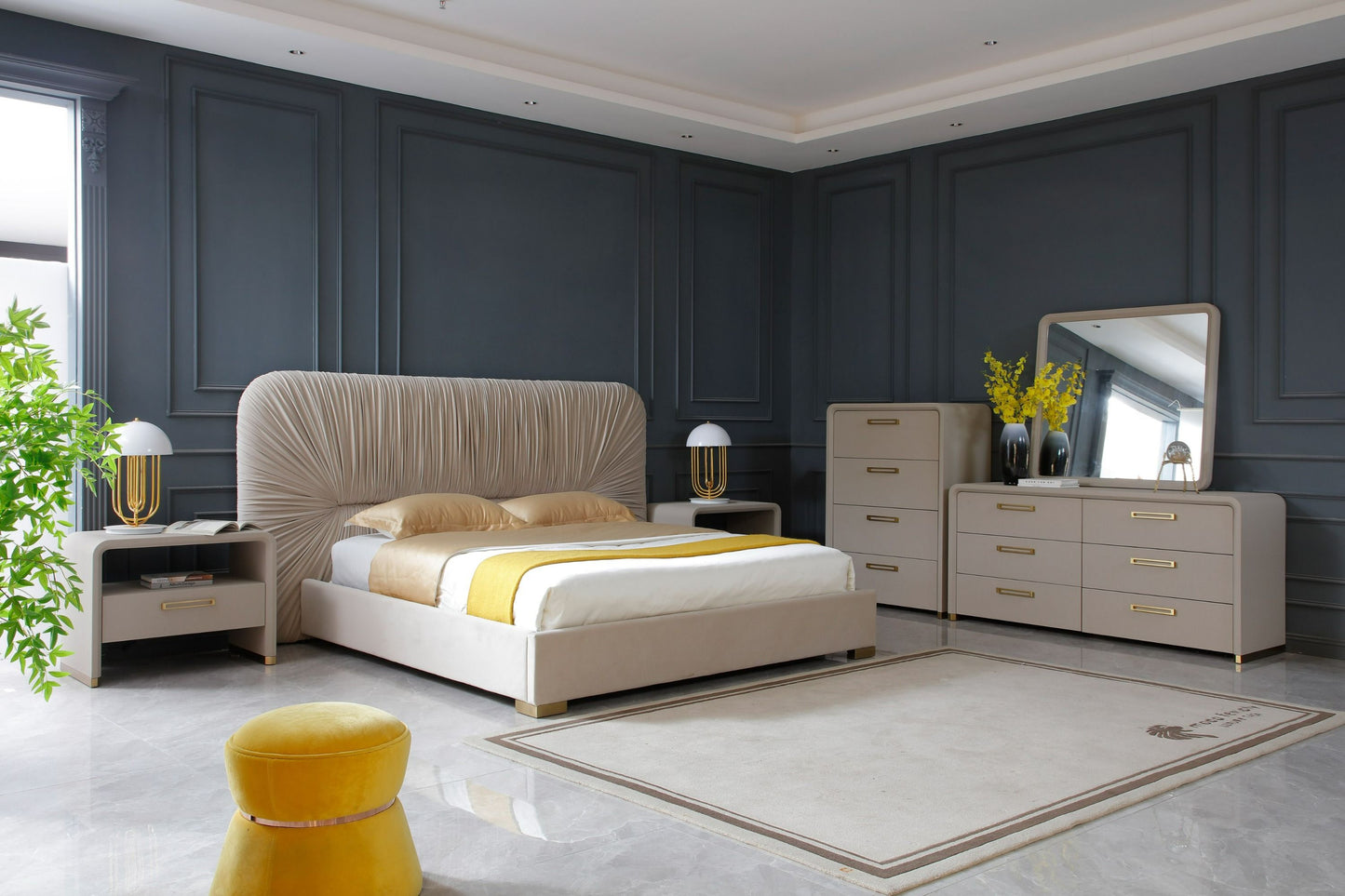 Modern Beige Velvet & Gold Bed With All Sets