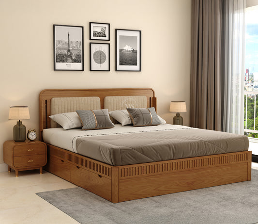Lotus Ash Wood King Bed – Natural Finish with Smart Drawer Storage