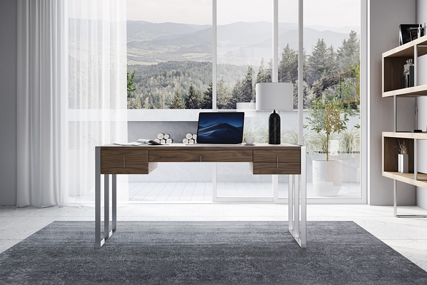 Modern Walnut & Stainless Steel Writing Desk