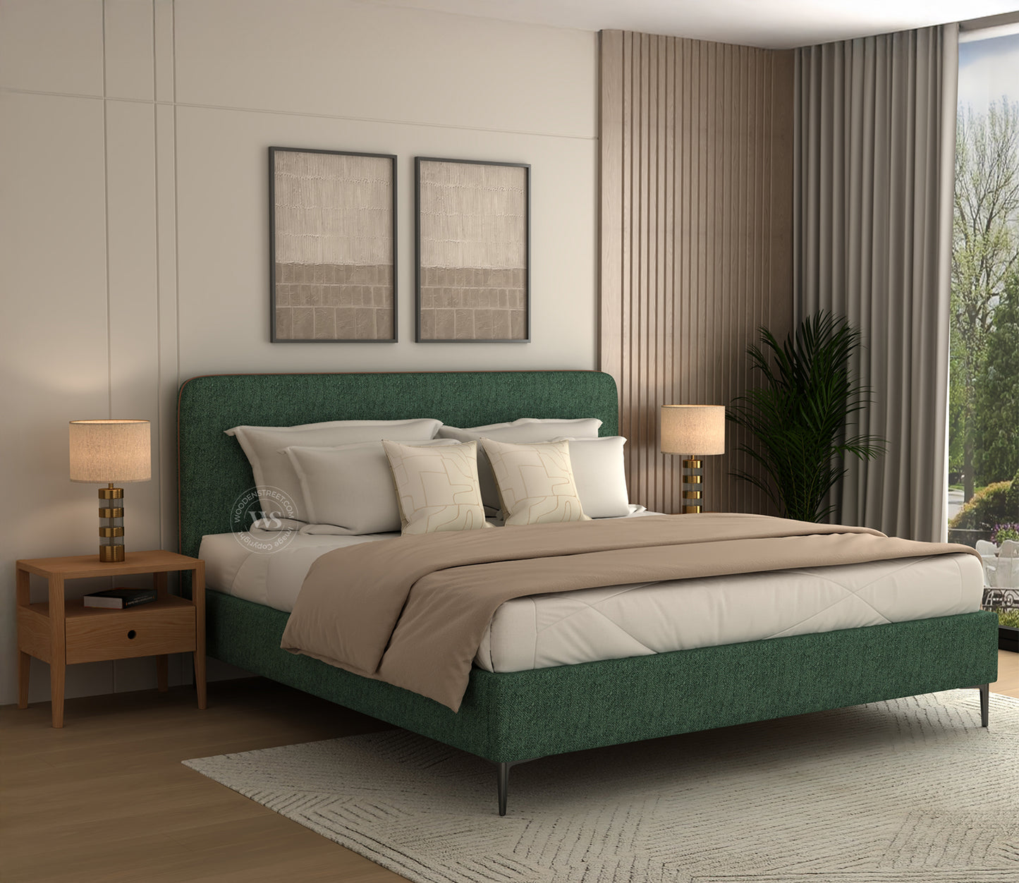 Andreas Premium King Bed in Green Upholstery – Stylish Curved Headboard