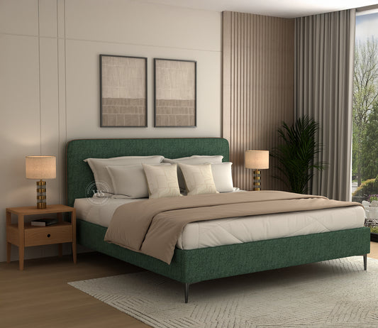Andreas Premium King Bed in Green Upholstery – Stylish Curved Headboard