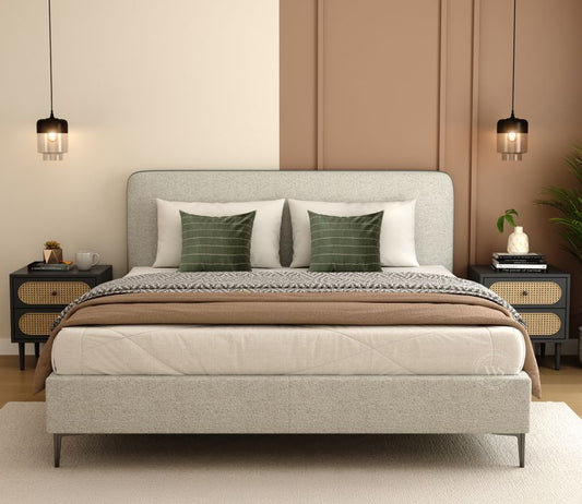 Andreas Premium King-Size Fabric Bed – Light Grey Upholstery & Curved Headboard | Pakistan