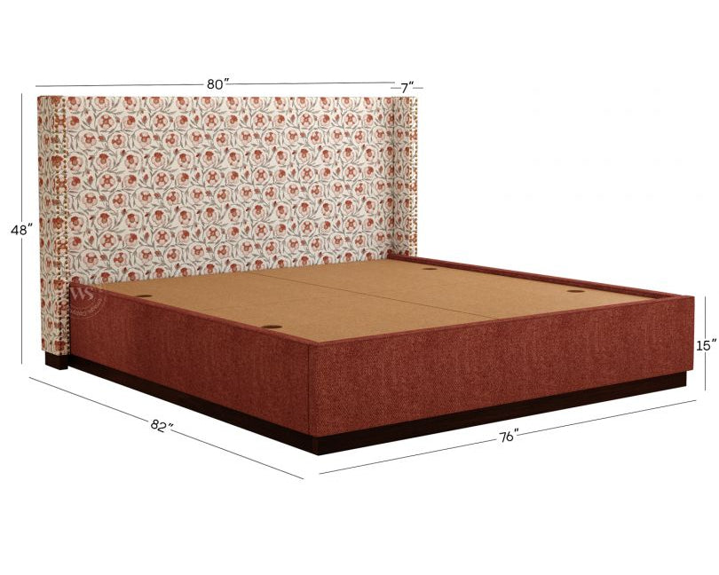 Luxury King-Size Kesarth Luxe Fabric Bed – High-Rise Headboard, Storage, Red Upholstery – Pakistan