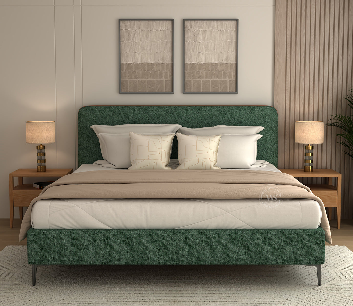 Andreas Premium King Bed in Green Upholstery – Stylish Curved Headboard