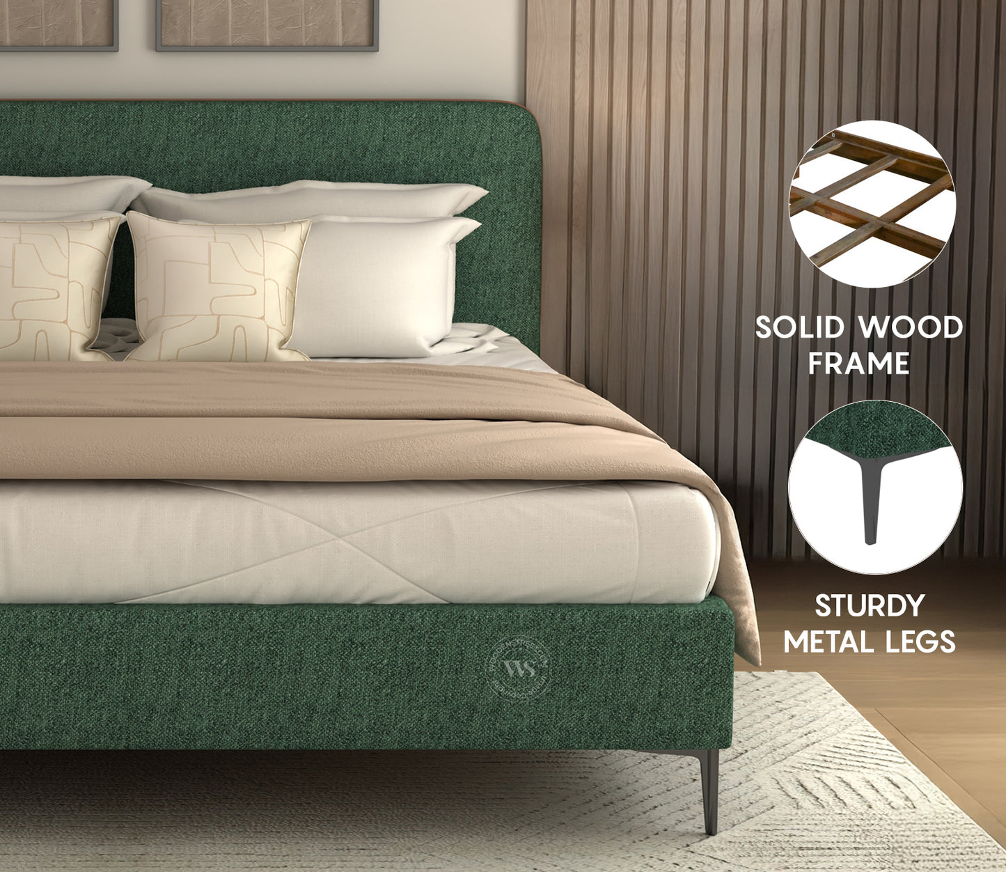 Andreas Premium King Bed in Green Upholstery – Stylish Curved Headboard