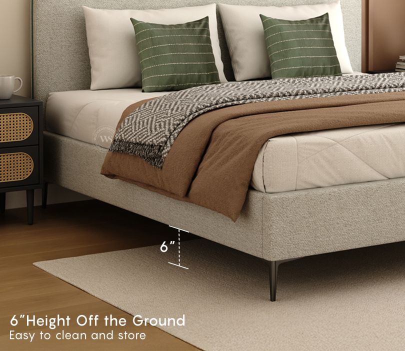 Andreas Premium King-Size Fabric Bed – Light Grey Upholstery & Curved Headboard | Pakistan