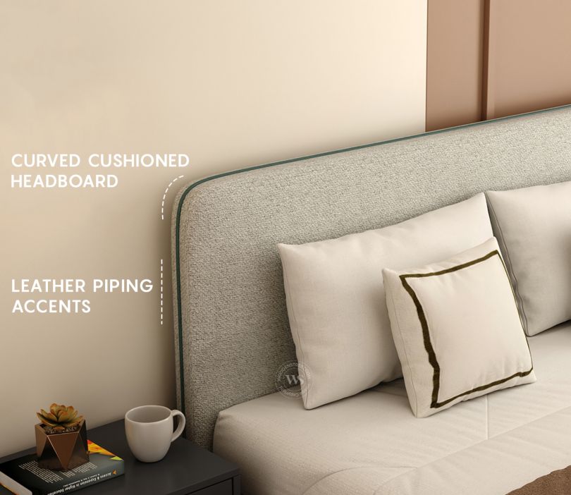 Andreas Premium King-Size Fabric Bed – Light Grey Upholstery & Curved Headboard | Pakistan