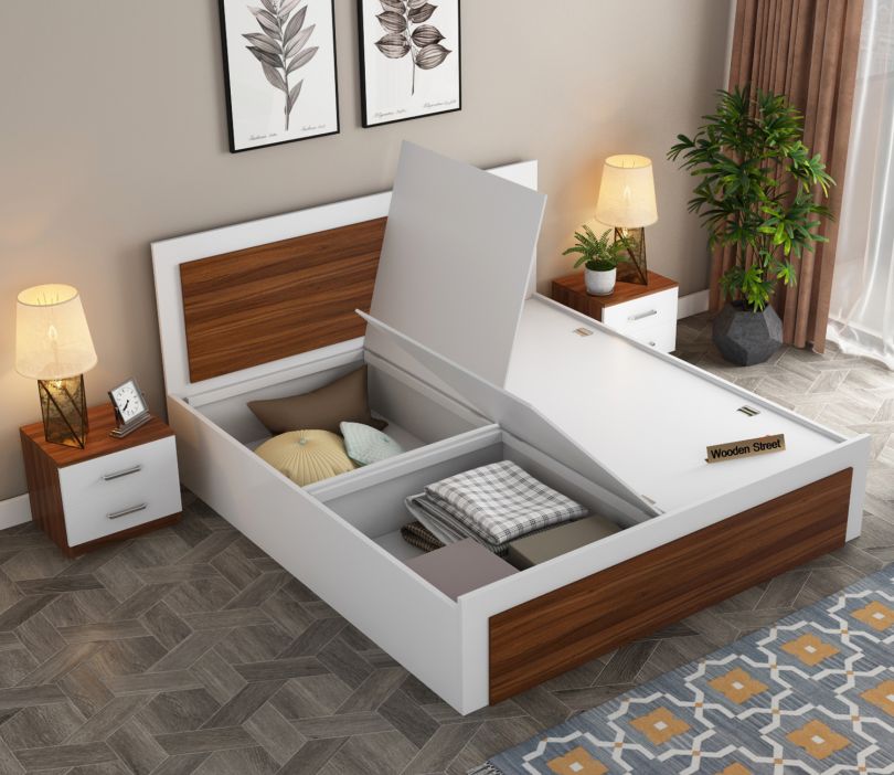 Harper Teak King Bed – Frosty White Finish with Smart Box Storage