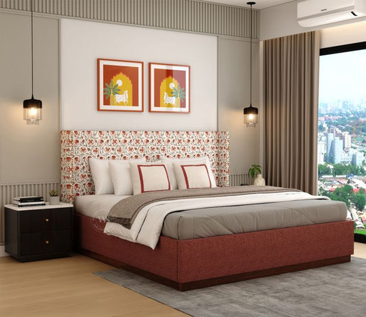 Luxury King-Size Kesarth Luxe Fabric Bed – High-Rise Headboard, Storage, Red Upholstery – Pakistan