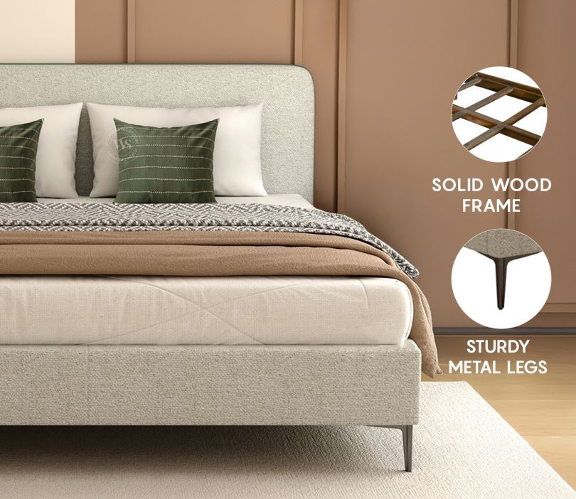 Andreas Premium King-Size Fabric Bed – Light Grey Upholstery & Curved Headboard | Pakistan