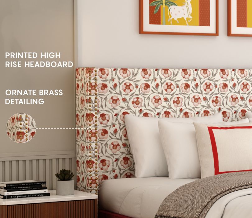 Luxury King-Size Kesarth Luxe Fabric Bed – High-Rise Headboard, Storage, Red Upholstery – Pakistan