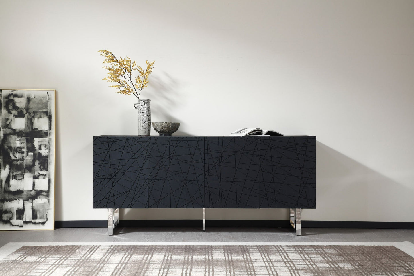 Matte Black Ash Veneer Cabinet with Steel Legs