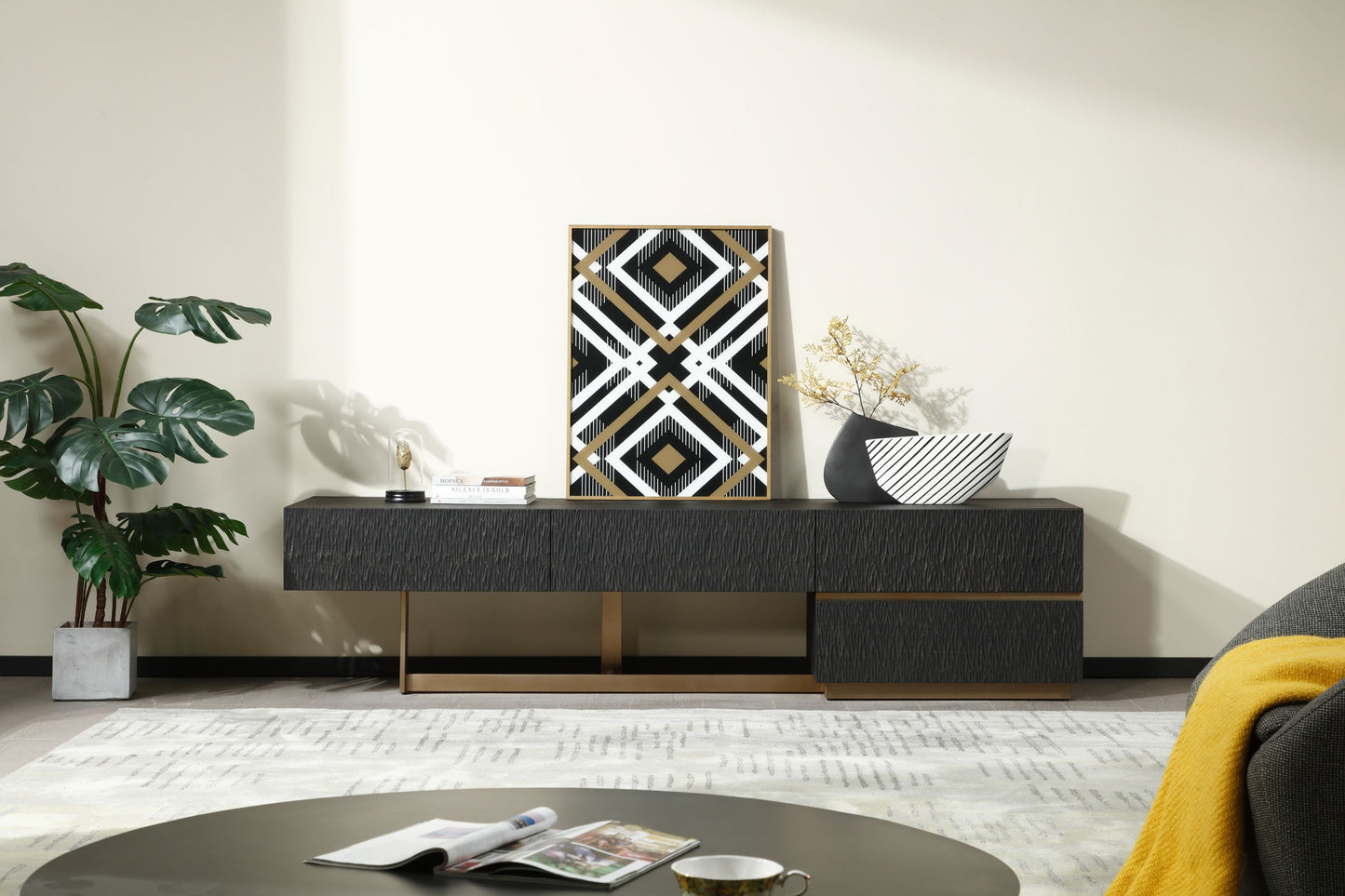 Modrest  TV Stand — Black Ash + Brushed Gold Console