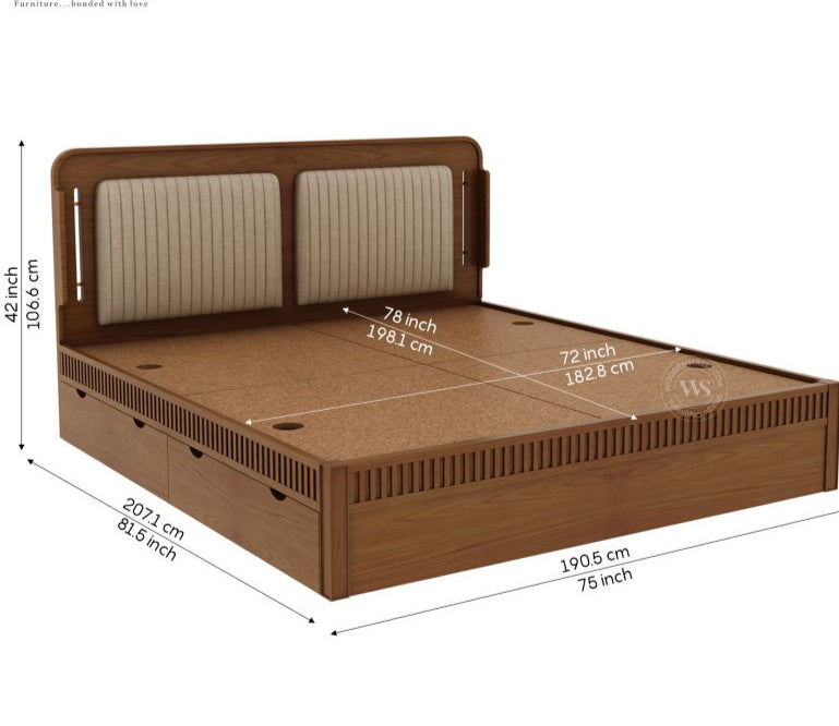Lotus Ash Wood King Bed – Natural Finish with Smart Drawer Storage