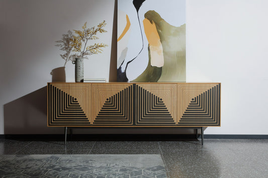 Modrest Azteca – Modern White Oak Buffet with Black Geometric Pattern