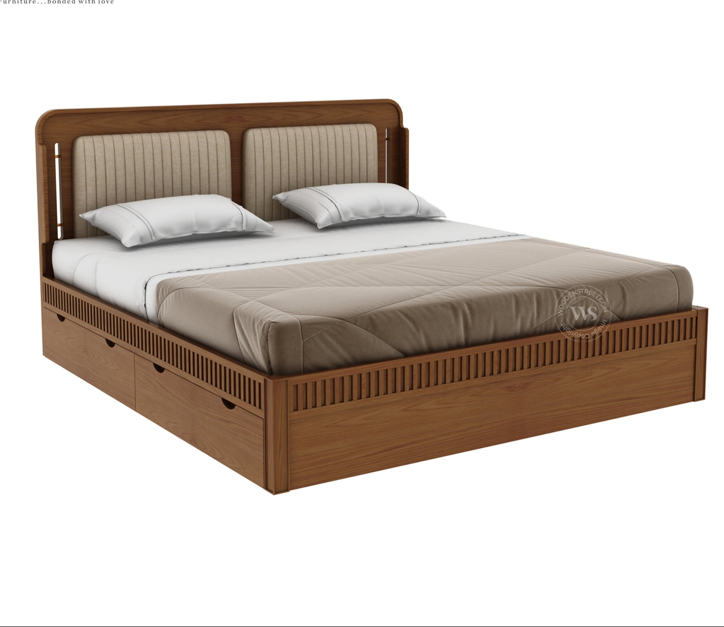 Lotus Ash Wood King Bed – Natural Finish with Smart Drawer Storage