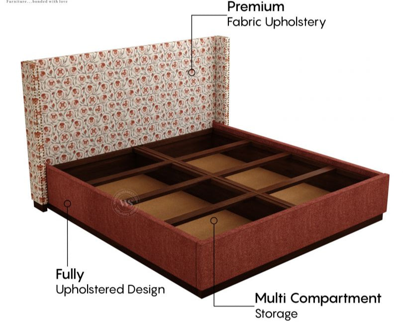 Luxury King-Size Kesarth Luxe Fabric Bed – High-Rise Headboard, Storage, Red Upholstery – Pakistan