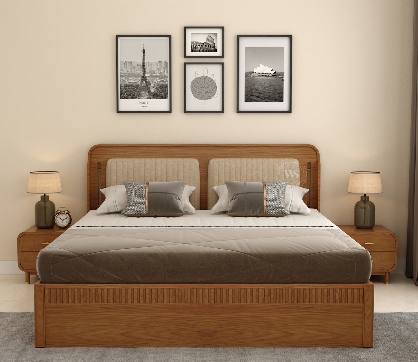 Lotus Ash Wood King Bed – Natural Finish with Smart Drawer Storage