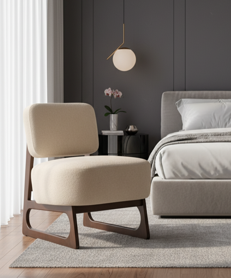 Modern Upholstered Accent Chair with Wooden Base – Stylish Minimalist Lounge Seating