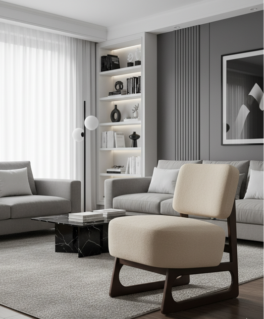Modern Upholstered Accent Chair with Wooden Base – Stylish Minimalist Lounge Seating
