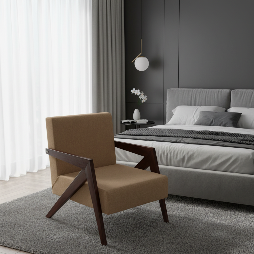 Mid-Century Modern Linen Accent Chair with Wooden Armrest