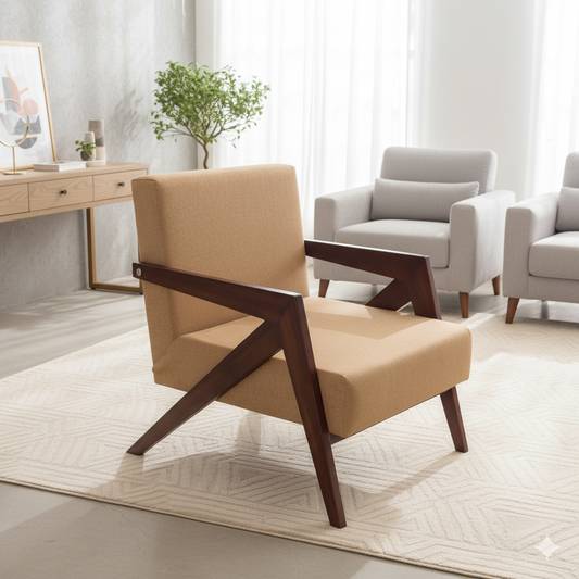 Mid-Century Modern Linen Accent Chair with Wooden Armrest