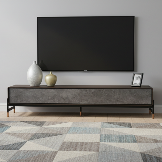 Gabrielle TV Stand – Acacia Veneer & Gold-Tip Metal Base