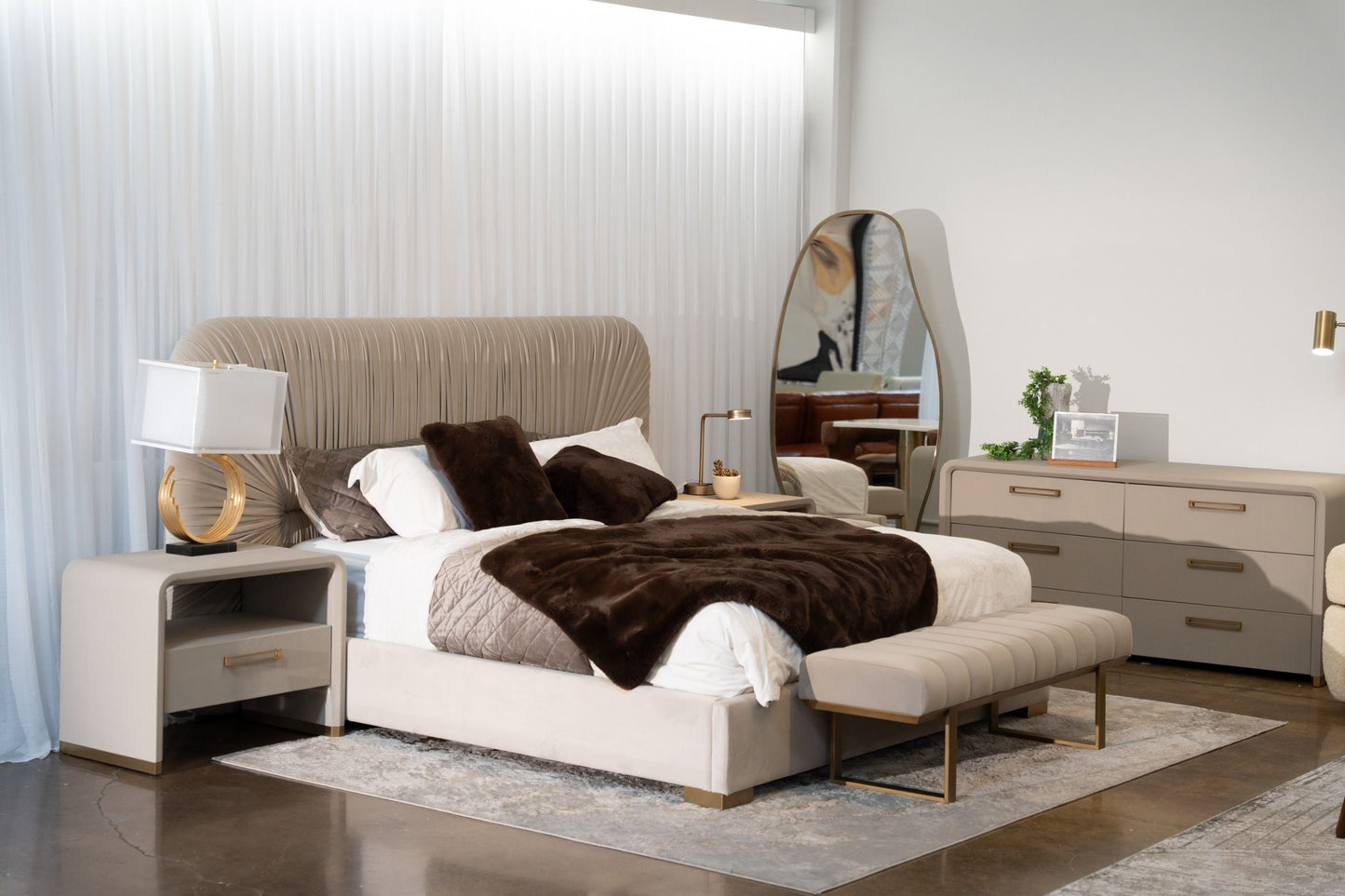 Modern Beige Velvet & Gold Bed With All Sets