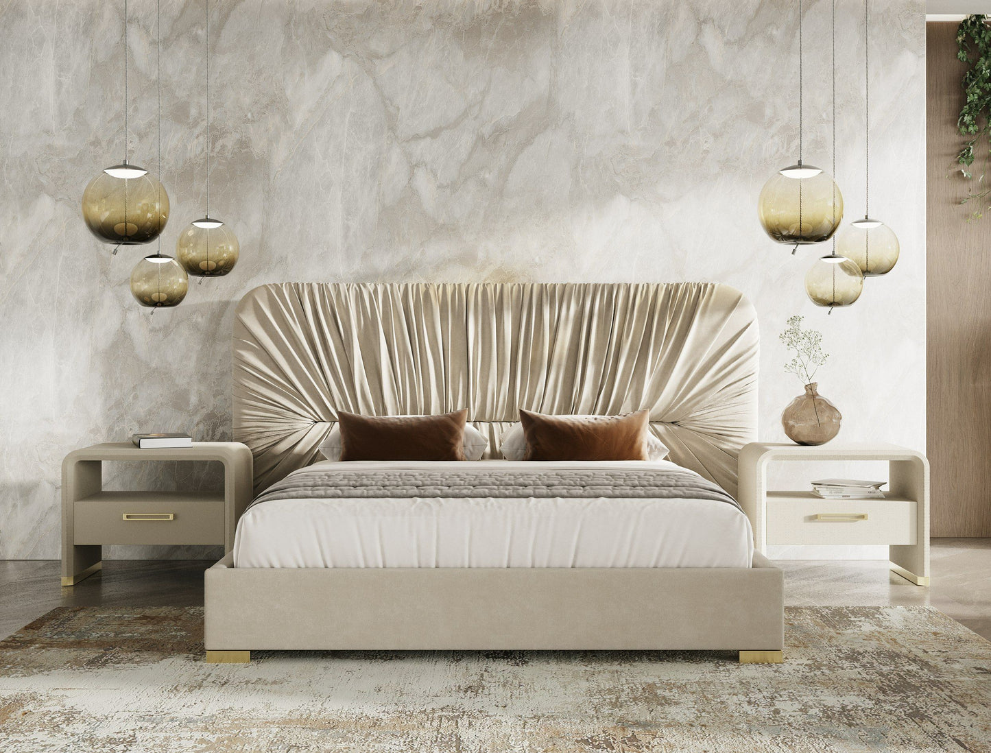 Modern Beige Velvet & Gold Bed With All Sets
