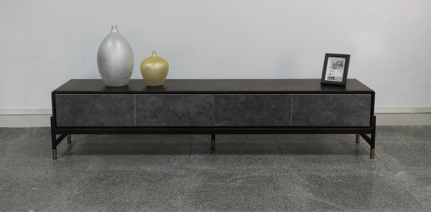 Gabrielle TV Stand – Acacia Veneer & Gold-Tip Metal Base