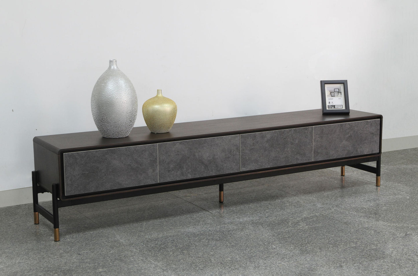 Gabrielle TV Stand – Acacia Veneer & Gold-Tip Metal Base