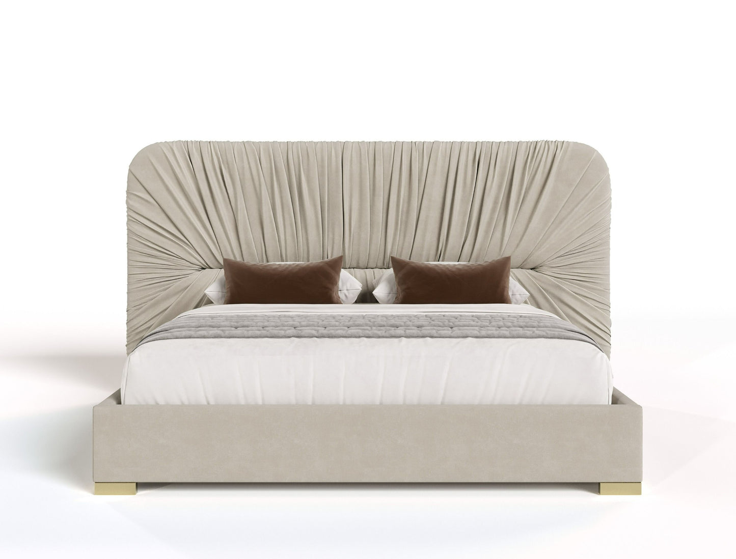 Modern Beige Velvet & Gold Bed With All Sets