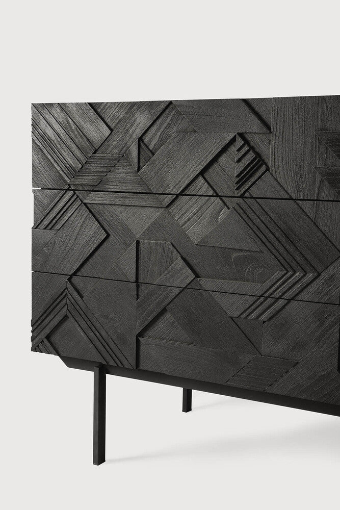 Graphic Dresser – Modern Black Teak Geometric 3-Drawer Chest
