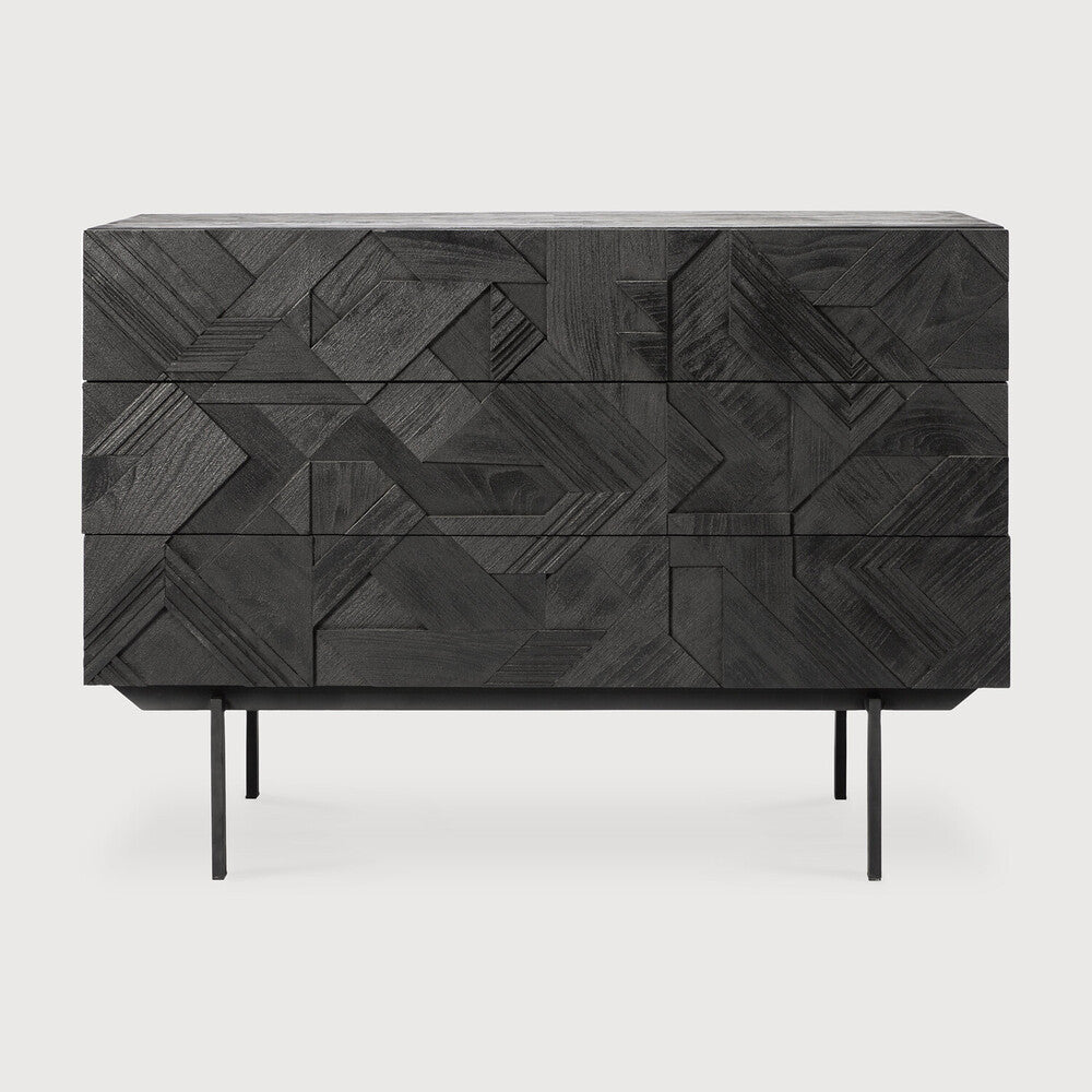 Graphic Dresser – Modern Black Teak Geometric 3-Drawer Chest