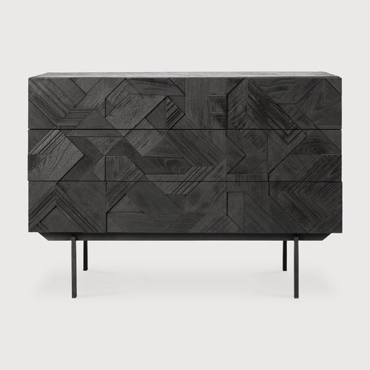 Graphic Dresser – Modern Black Teak Geometric 3-Drawer Chest