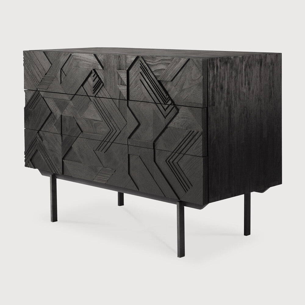 Graphic Dresser – Modern Black Teak Geometric 3-Drawer Chest