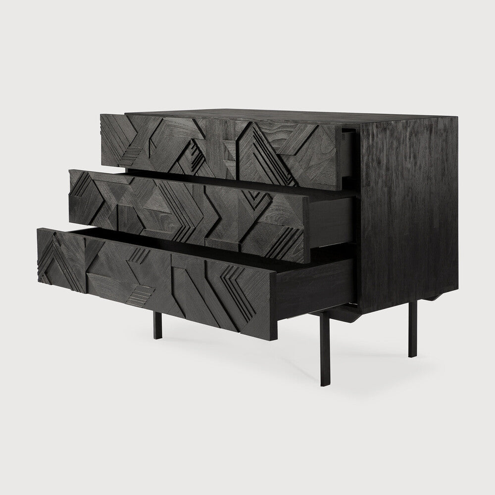Graphic Dresser – Modern Black Teak Geometric 3-Drawer Chest