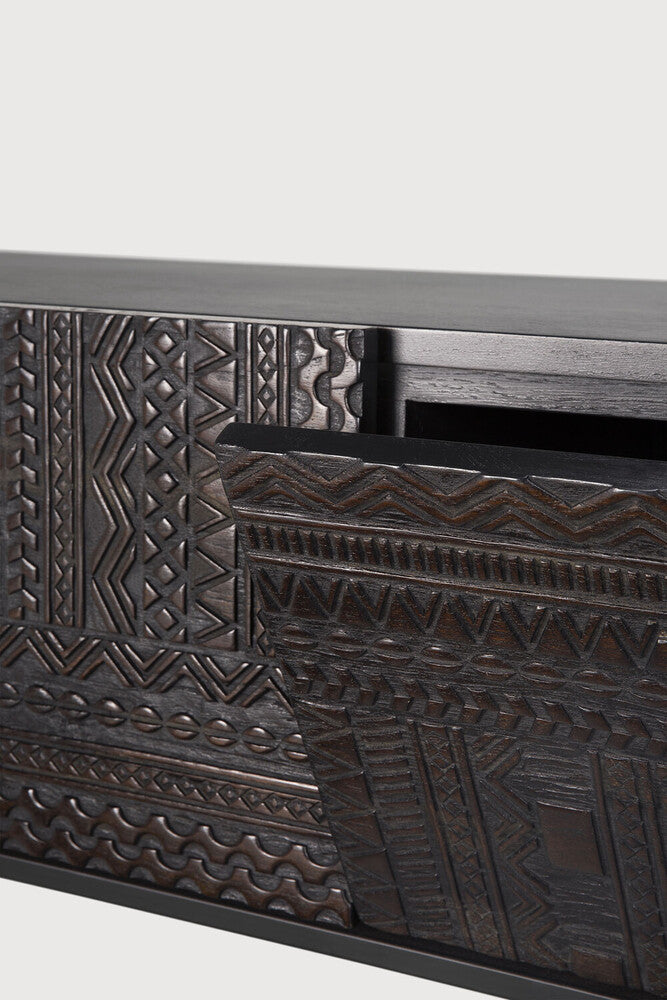 Minimalist Traditional Teak TV Cabinet with Linear Motifs