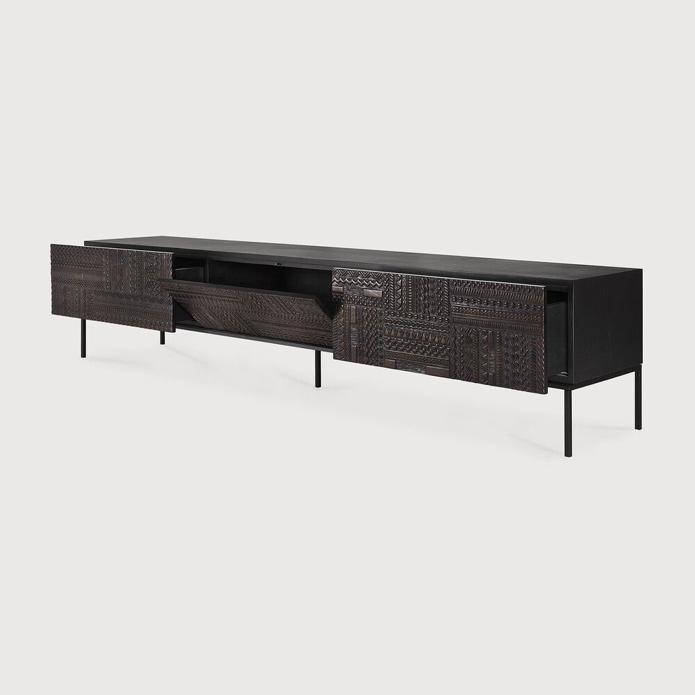 Minimalist Traditional Teak TV Cabinet with Linear Motifs