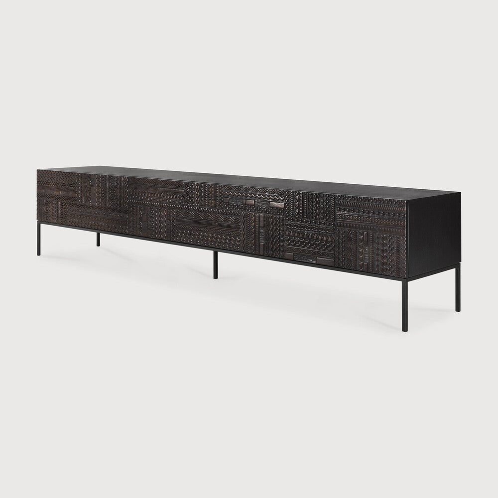 Minimalist Traditional Teak TV Cabinet with Linear Motifs
