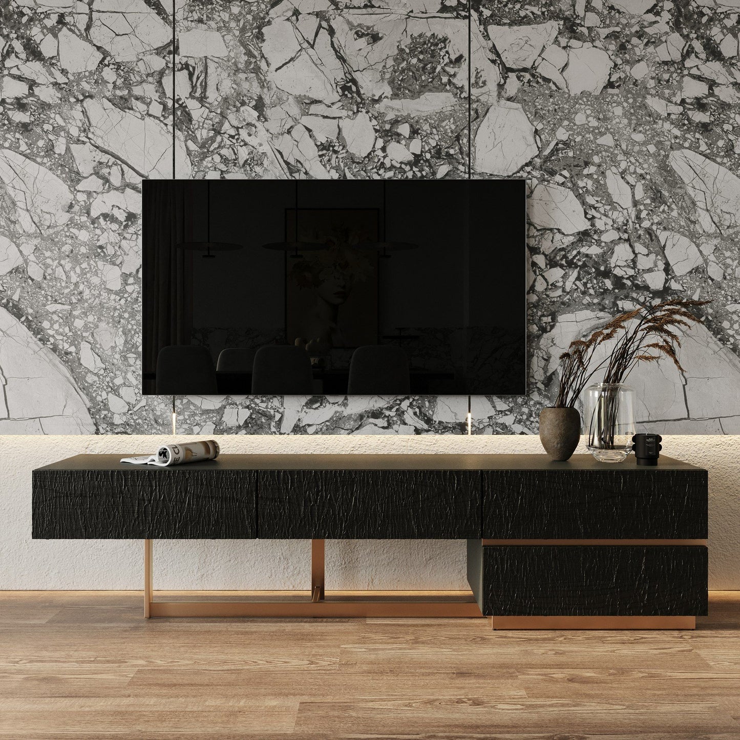 Modrest  TV Stand — Black Ash + Brushed Gold Console