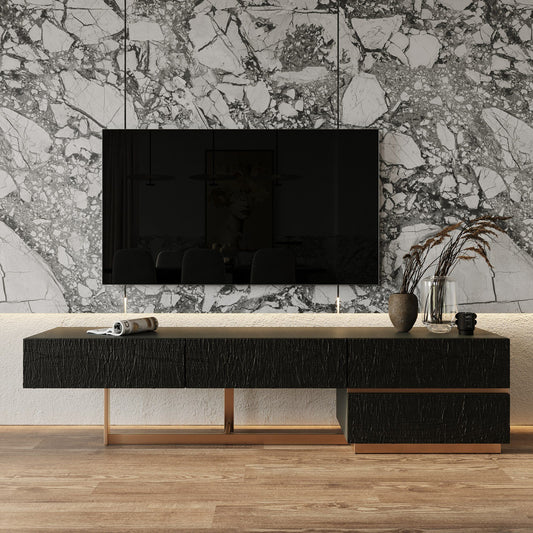 Modrest  TV Stand — Black Ash + Brushed Gold Console
