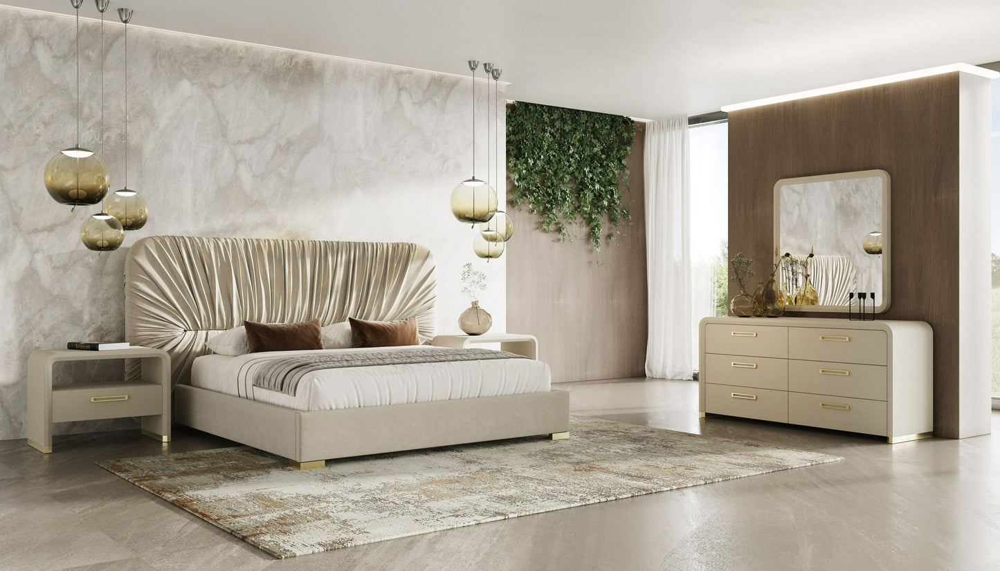 Modern Beige Velvet & Gold Bed With All Sets