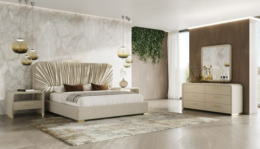 Modern Beige Velvet & Gold Bed With All Sets